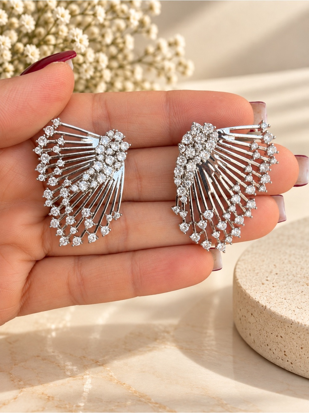 Crystal Silver Ear Crawler Earrings - Sparkling Fan Style